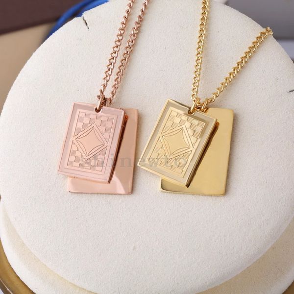 

europe america fashion style necklace men lady women silver-colour metal with engraved v initials pattern double square pendant long chain