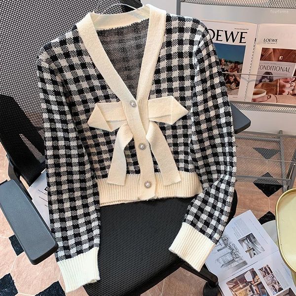

women's knits sweet pink bowknot splicing plaid knitted cardigans women sweater coat 2022 fall winter korean fashion v-neck knitting cr, White