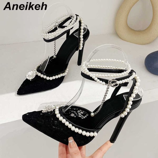 

dress shoes slippers aneikeh lace rhinestone beads 2023 pointed high heel sandals women bohemian party prom pumps 221213, Black