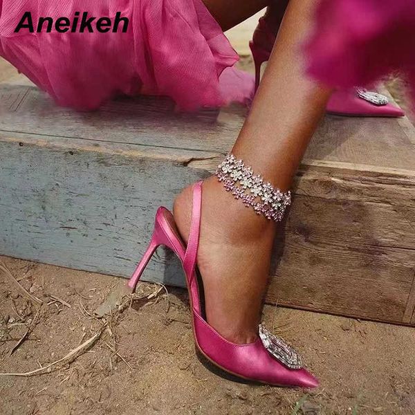 

dress shoes aneikeh 2023 pointed toe thin high heel women crystal decoration ankle elastic band slip-on party wedding pumps 221213, Black