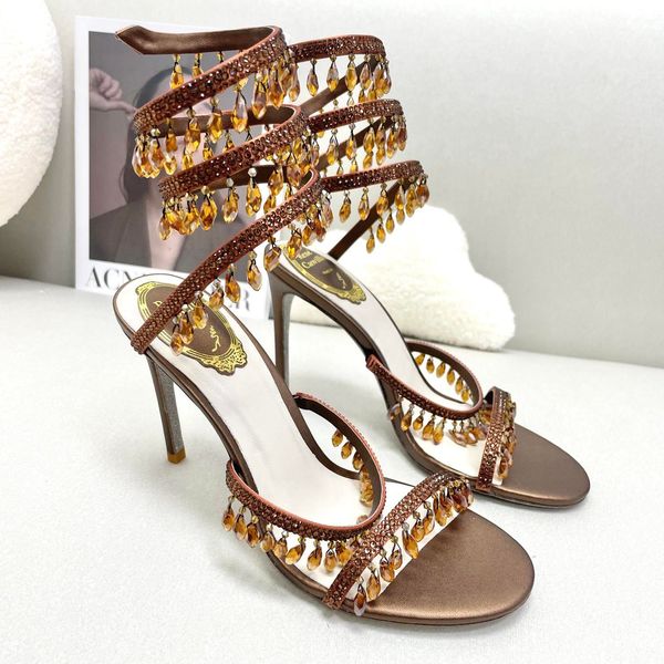 

Sandals Twining Womens Shoes Sandal Luxury Designer Crystal Lamp Pendant Rhinestone Foot Ring High Heeled Narrow, Mahogany