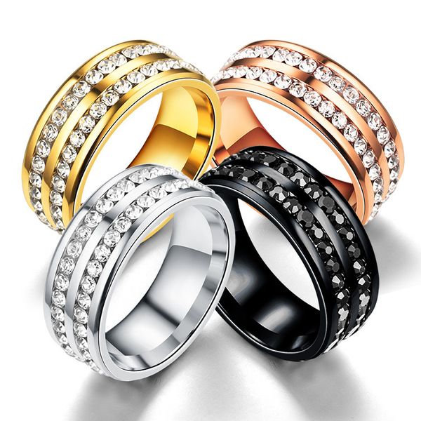 

double row side stones rings for couples men women titanium stainless steel bling wedding bridal finger band rings gold plated rhinestone en, Silver
