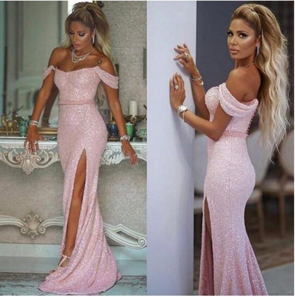 

high side split mermaid prom dresses off shoulder bling sequined formal evening gowns celebrity dress, Black