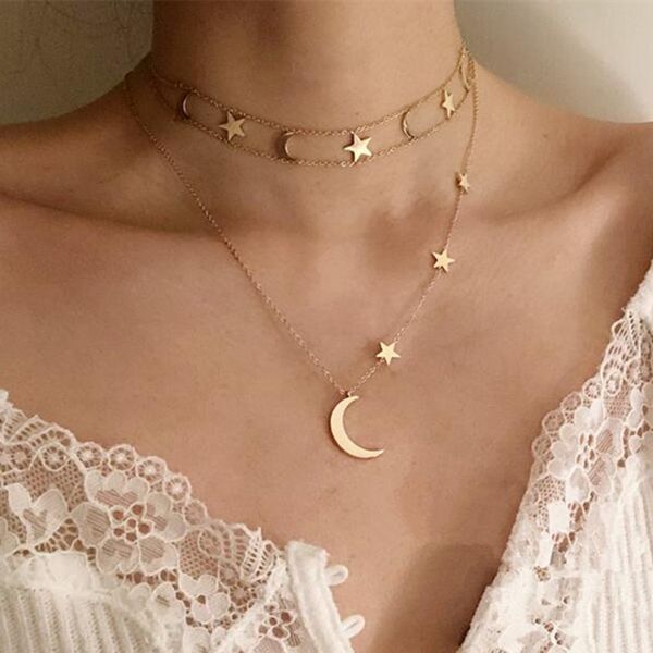 

trendy multilayer 316l titanium steel moon star pendant designer necklace woman 18k gold plated link chain chokers womens necklaces fashion, Silver