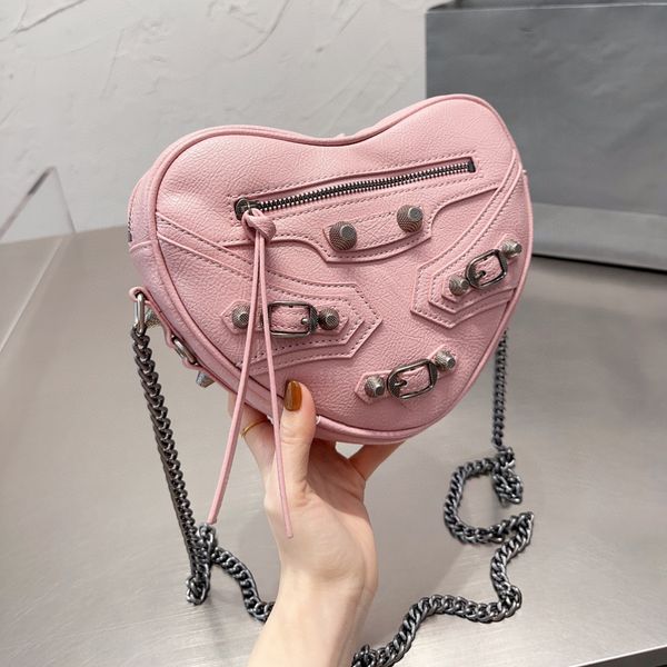 

5a senior sense designer bag lychee print vintage rivet motorcycle tote metal chain heart shaped one shoulder handbag