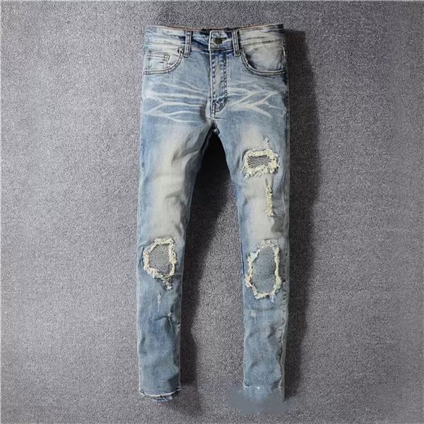 

2023 new printed embroidery designer men jeans motorcycle hole luxury denim men's fashion street wear mens designer pants, Blue