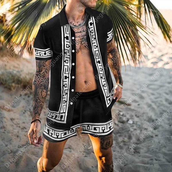 

tracksuits men hawaiian sets printing two suit summer short sleeve button shirt beach shorts streetwear casual men's 2 piece set cardig, Gray