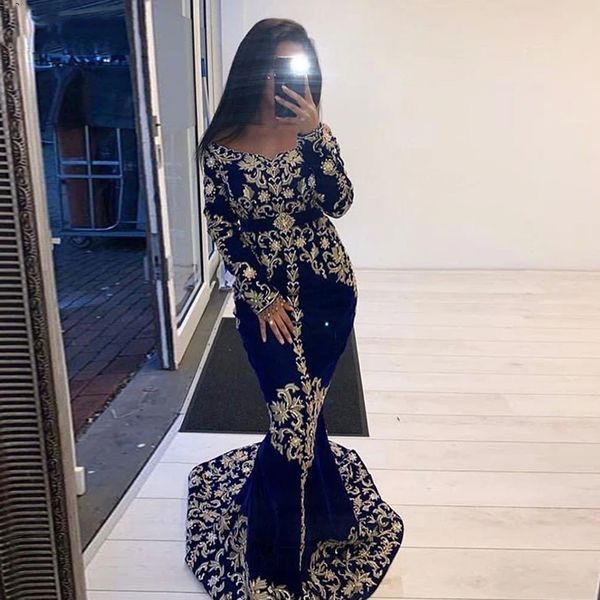 

royal blue moroccan kaftan velvet prom dresses elegant long sleeves mermaid formal evening gowns gold lace appliques arabic dubai party spec, Black