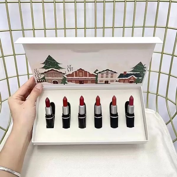 

brand christmas lipsticks 6pcs set dubonnet rubywoo chili 6colors lips makeup nude color lipstick gift box collection matte lip set fast shi