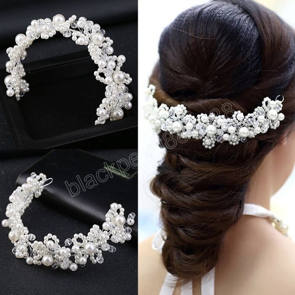 

luxurious bridal headband fashion imitation pearl princess headpiece vintage crystal hairband wedding hair jewelry accessories, Silver