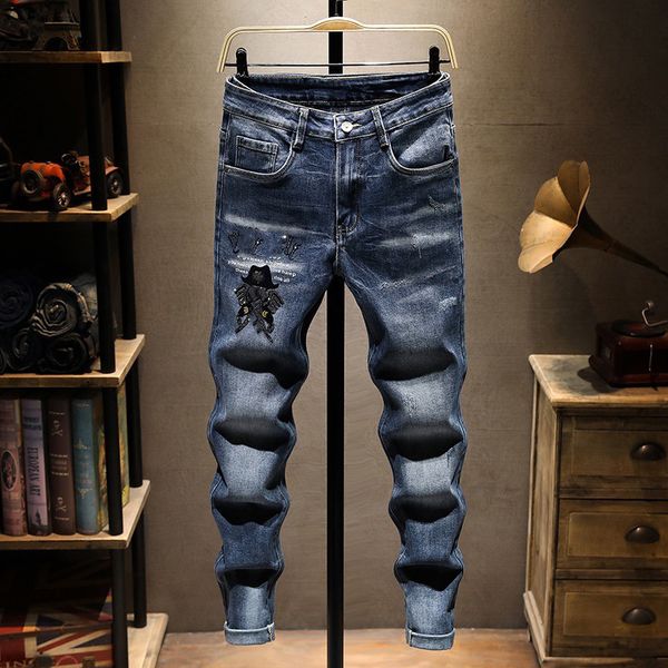 

men's jeans european jean hombre letter star men embroidery patchwork ripped for trend brand size 28-38 designer jeans, Blue