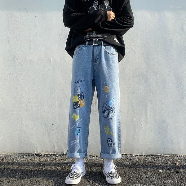 

men's jeans trendy blue straight pants casual style streetwear loose fit trouser