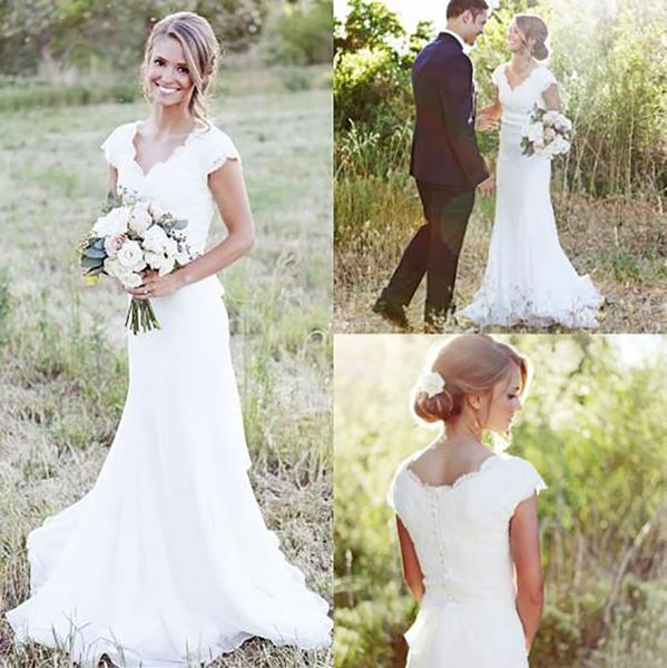 

simple country wedding dresses a line v neck lace chiffon short sleeve sweep train bridal gowns custom made, White