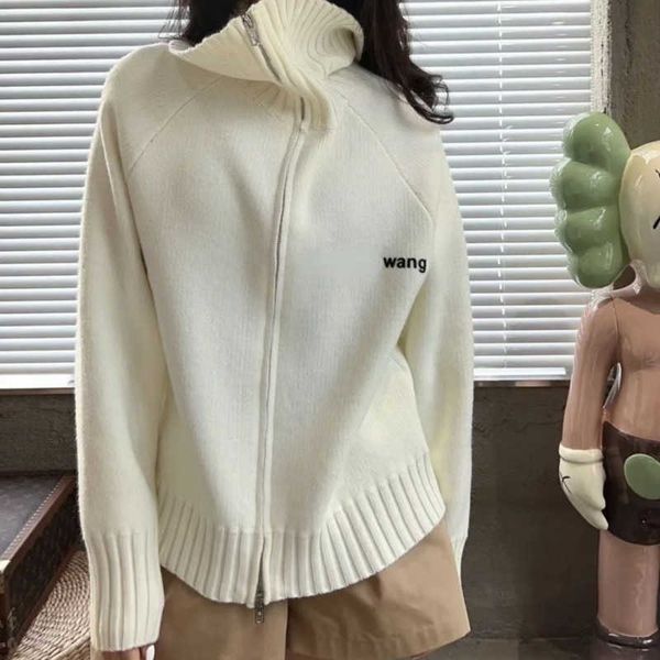 

womens knitted sweater wool sweatshirt designer sweater lapel cardigan coat lady casual loose zipper jacket, White;black