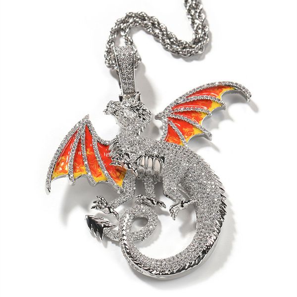 

mens cool hip hop necklace gold plated full cz dragon pendant necklace with 24inch rope chain nice gift, Silver