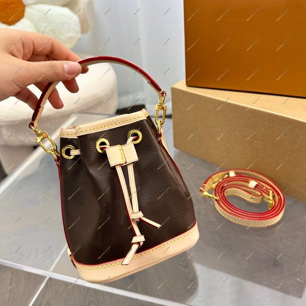 

luxury designer mini bucket bag women drawstring handbags removable handle and strap leather shoulder bags classic brown flower crossbody pu