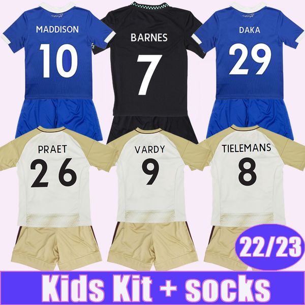 

22 23 vardy maddison kids kit iheanacho soccer jerseys barnes tielemans ayoze daka lookman home away 3rd football shirt uniforms, Black