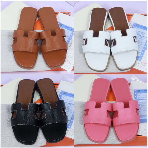 

net red h slippers female summer flat fashion outside leather h sandals of the beach tourism word slipper 36-41, Black