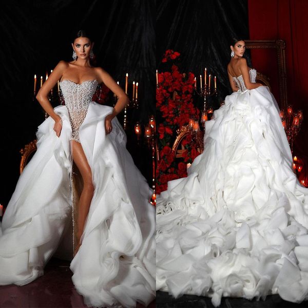 

exquisite pearls mermaid wedding dresses luxury sweetheart tiered ruffles vestido de noiva custom made high split bridal dress, White