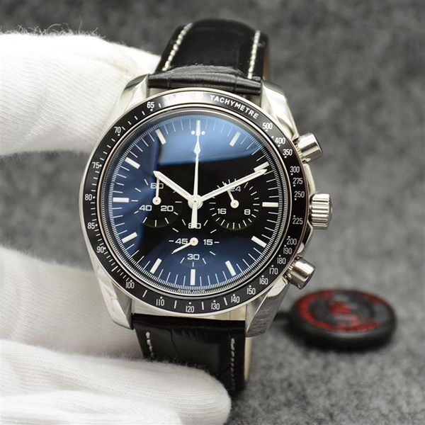 

44mm quartz chronograph date mens watches round dial black leather band six hands fixed bezel with a ring showing tachymeter m2946, Slivery;brown
