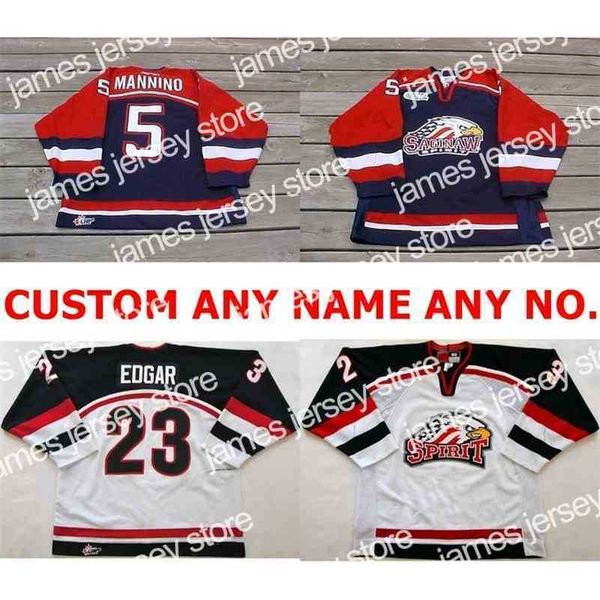 

college hockey wears dh personalized ohl saginaw spirit jersey 5 mannino 23 edgar mens womens kids stitched ice hockey jerseys custom any na, Black