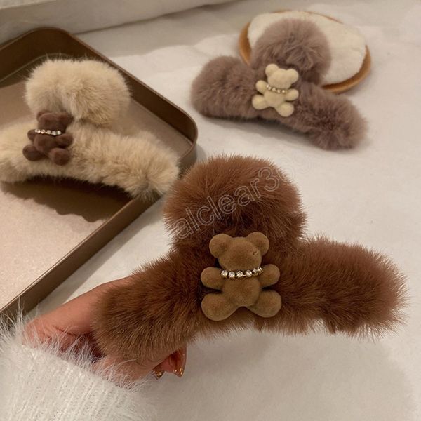 

faux fur bear hair claw female autumn and winter hair clip back head large plush clamps headwear hair accessories, Slivery;white