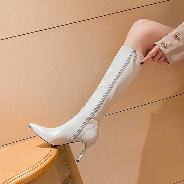

boots pointed toe stiletto long pu leather knee high women side zipper shoes white thigh spring autumn 221213, Black