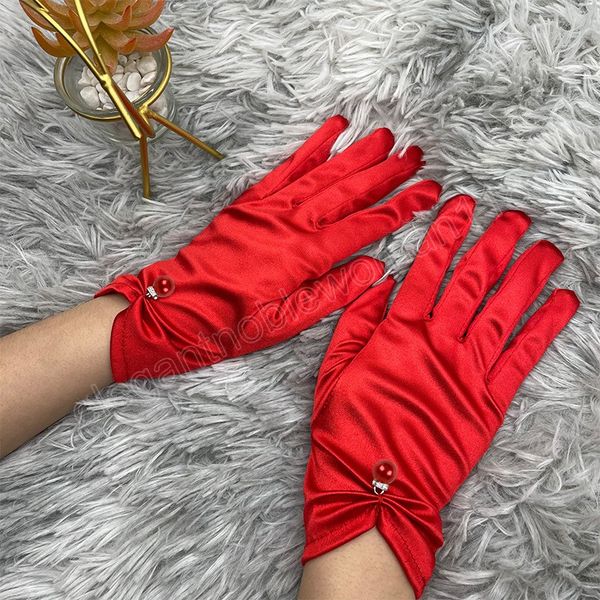 

women satin short gloves elastic etiquette dress gloves elegant fake pearl lace bow summer driving anti-uv full finger mittens, Blue;gray