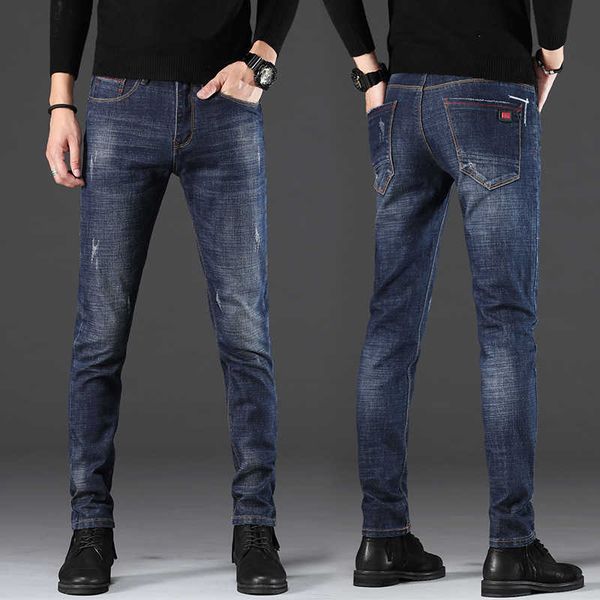 

jeans autumn winter plush thickened men's slim straight pants stretch warm korean casual fashion, Blue