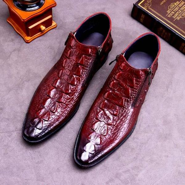 

crocodile leather boots gentlemen fashion high cow leather short booties zipper booties shoes big size 38-46, Black