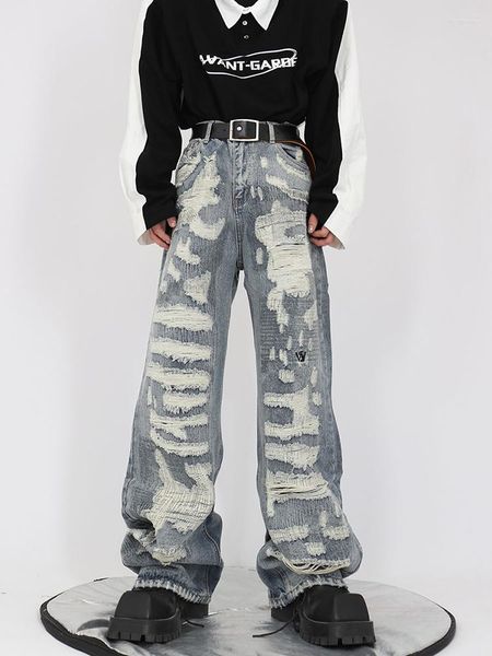 

men's jeans vintage high street loose straight 2023 wide leg pants american fashion hole design male trousers 2a6516, Blue