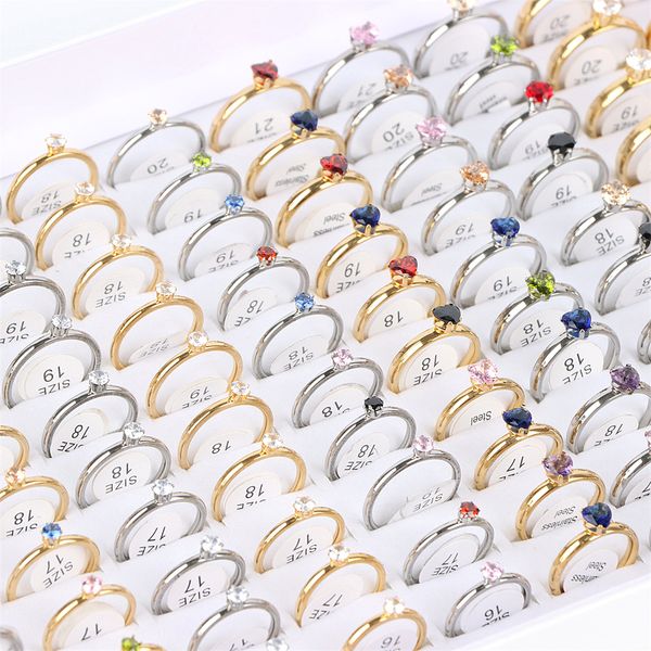 

20pcs/lot fashion stainless steel cluster rings jewelry wedding engagement for women cubic zirconia golden silver color mix style size 16mm-
