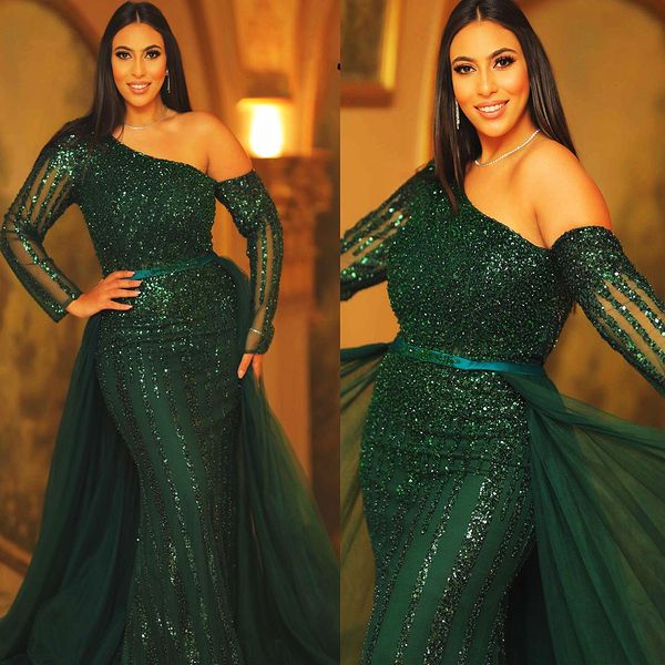 

2023 arabic aso ebi dark green prom dresses mermaid sequined lace evening formal party second reception birthday bridesmaid engagement gowns, Black