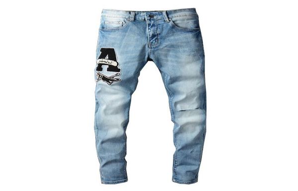 

streetwear designer jeans males brand ripped tights jean men hip hop flocking splicing big a letter jean denim pant3154562, Blue