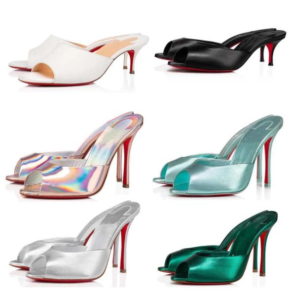 

luxury brand paris women sandal shoes slide slipper high heels lady heeled me dolly strass 100 mm mules calf leather open toe wedding party, Black