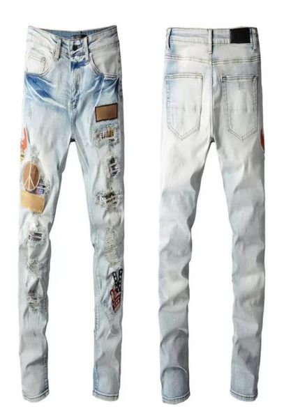 

desgienr men hiphop jeans high street denim fashion tide mens hole cycling motorcycle wash patch letter loose fit pants size 2849280213, Blue