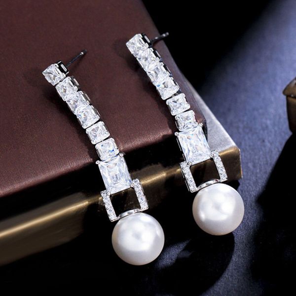 

luxury long stud charm diamond designer earring for woman jewelry white imitation pearl aaa cubic zirconia copper silver bridal earrings for, Golden