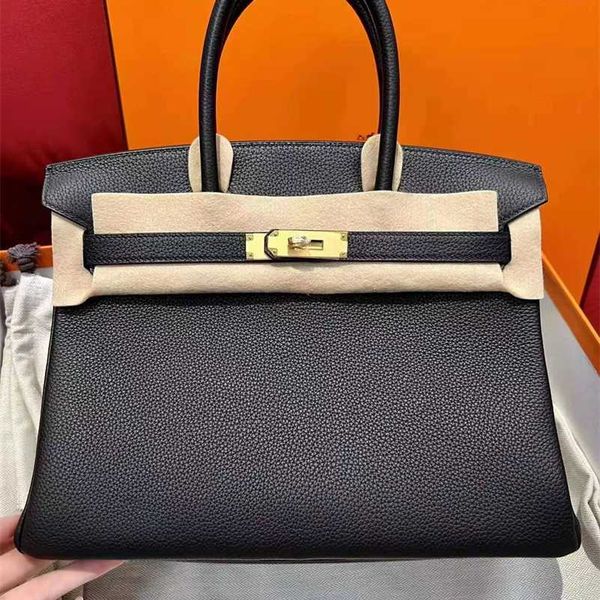 

birkins designer handbag made wax thread sewing bag 25cm lychee pattern togo leather black gold button inseam portable women's zc