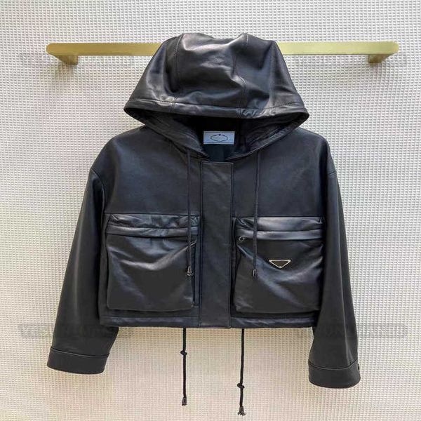 

womens designer luxury prad classic hoodie fashion reversed triangle letter print big pocket sheep skin hooded casual cortical coat 2023, Black
