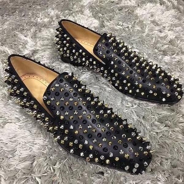 

elegant designer wedding party dress spikes christians red-bottoms loafers shoes men s shiny mocassin business casual oxford walking 38- wpx, Black