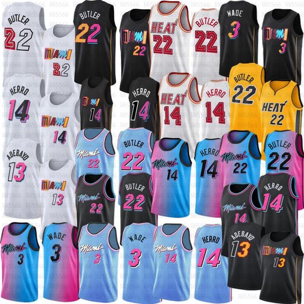 

22 butler miamis basketball jerseys jimmy heats dwayne dwyane 3 wade bam 14 tyler herro adebayo 2022 2023 city men stitched jersey, Black;red