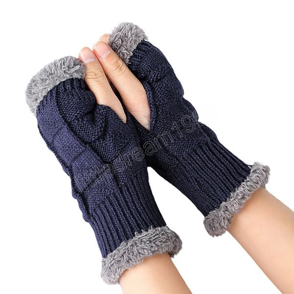 

winter solid color wool knitted gloves women warmer half finger wrist gloves female simple fashion outdoor casual mittens, Blue;gray