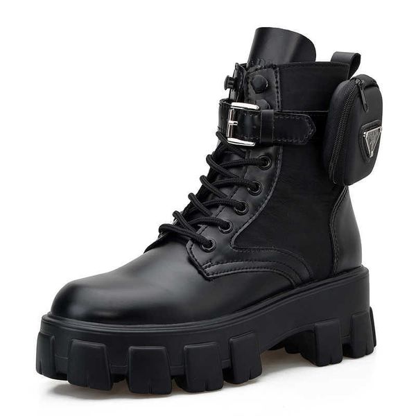 

boots leather lace up large size women side bag ankle spring autumn shoes woman motorcycle punk botas mujer 221213, Black