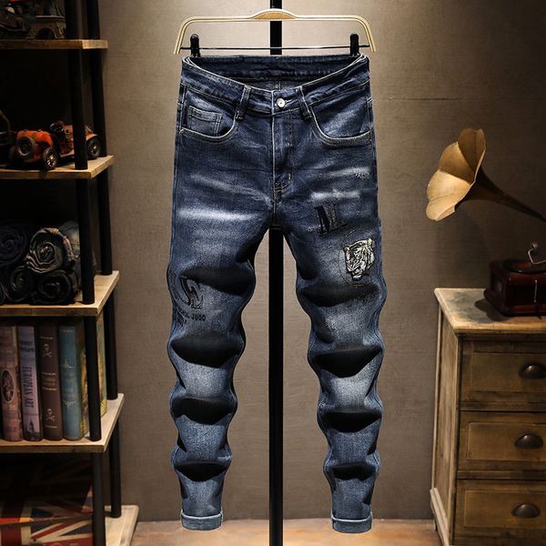 

men's jeans european jean hombre letter star men embroidery patchwork ripped for trend brand size 28-38 designer jeans.12, Blue