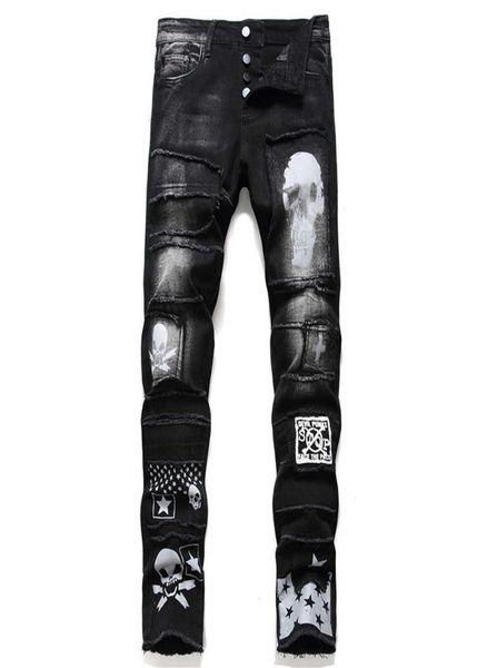 

new style wash ripped jeans men039s skullprint slim stretch black patch jeans casual fashion personality trousers x06211368039, Blue