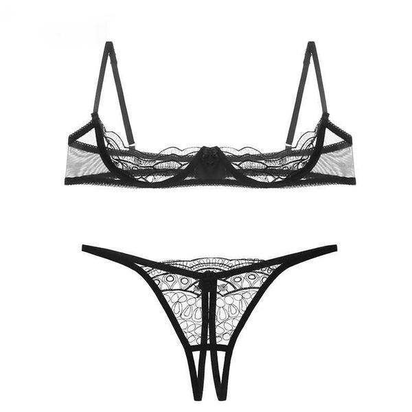 

set erotic lingerie intimates push up bare breasts bra underwear hollow embroidery mesh women crotchless panty, Red;black