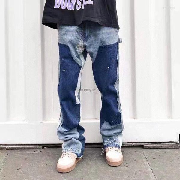 

men's jeans blue hole stacked splashing graffiti micro speaker splicing wide leg jean men stitching motorcycle pant patchwork