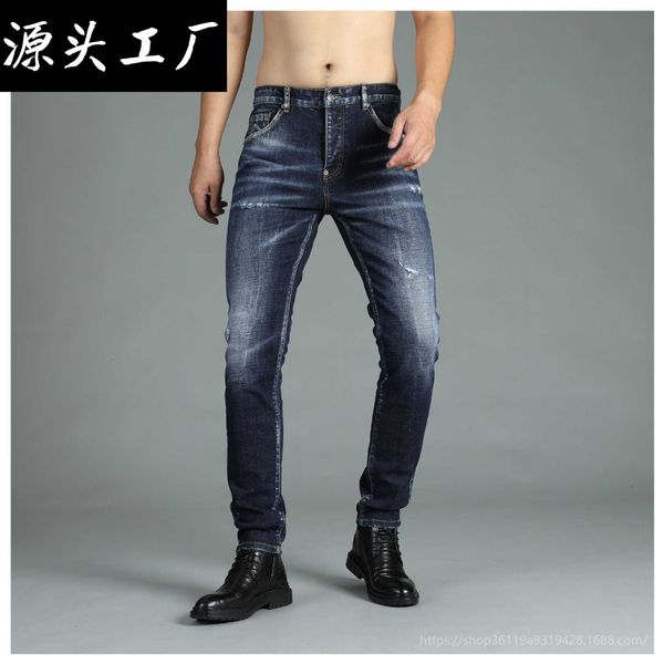 

new 2022 autumn and winter street fashion jeans men's slim fit broken scrapped trendy feet pants, Blue