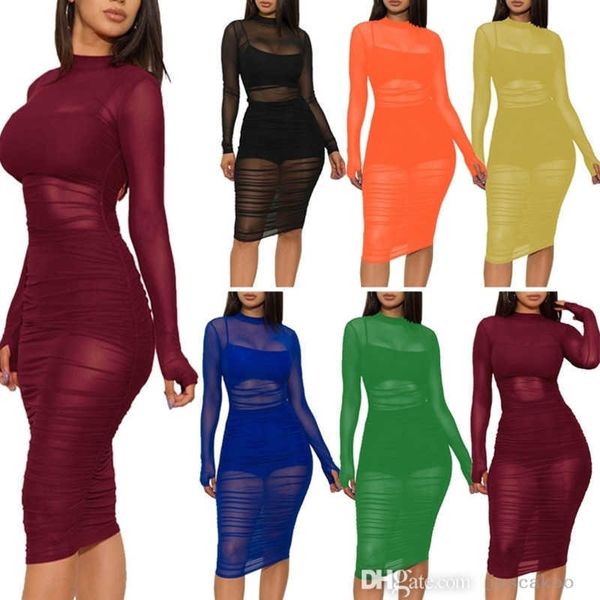 

plus size 3xl womens casual dresses designer slim mesh 3 pieces set spring summer bodycon party dress nightclub 9 colors, Black;gray