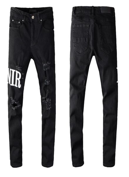 

brand straight distressed jeans motorcycle ripped holes black color mens jean casual slim fit letter printed denim pants 100 5372802, Blue